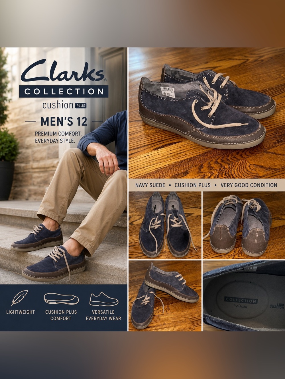 Clarks Collection Cushion Plus Navy Suede Casual Oxford Shoes Men’s Size 12